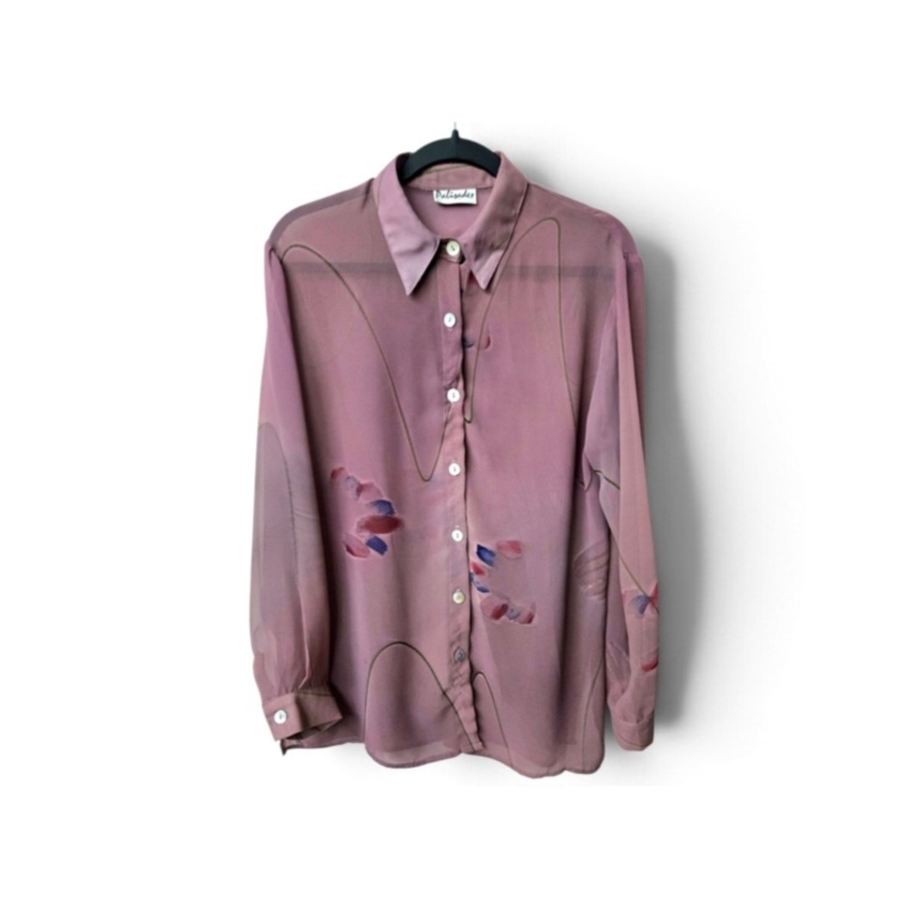 Palisades Vintage Mauve Sheer Abstract Floral Button Down Blouse Top